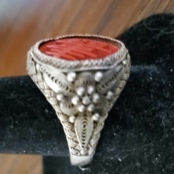 ANTIQUE STERLING SILVER  CORAL  RING - Picture 4 of 8